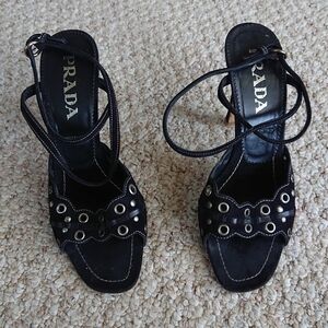 Prada black suede sandals with decorative metal grommets front details size 8
